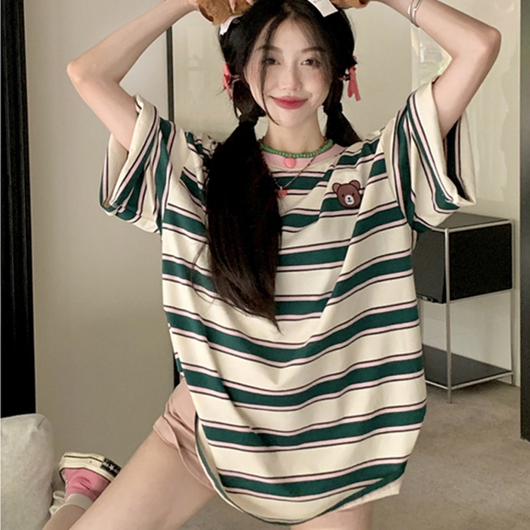 Áo thun SUXI ngắn tay dáng rộng kẻ sọc thêu họa tiết xinh xắn dễ phối đồ cho nữ