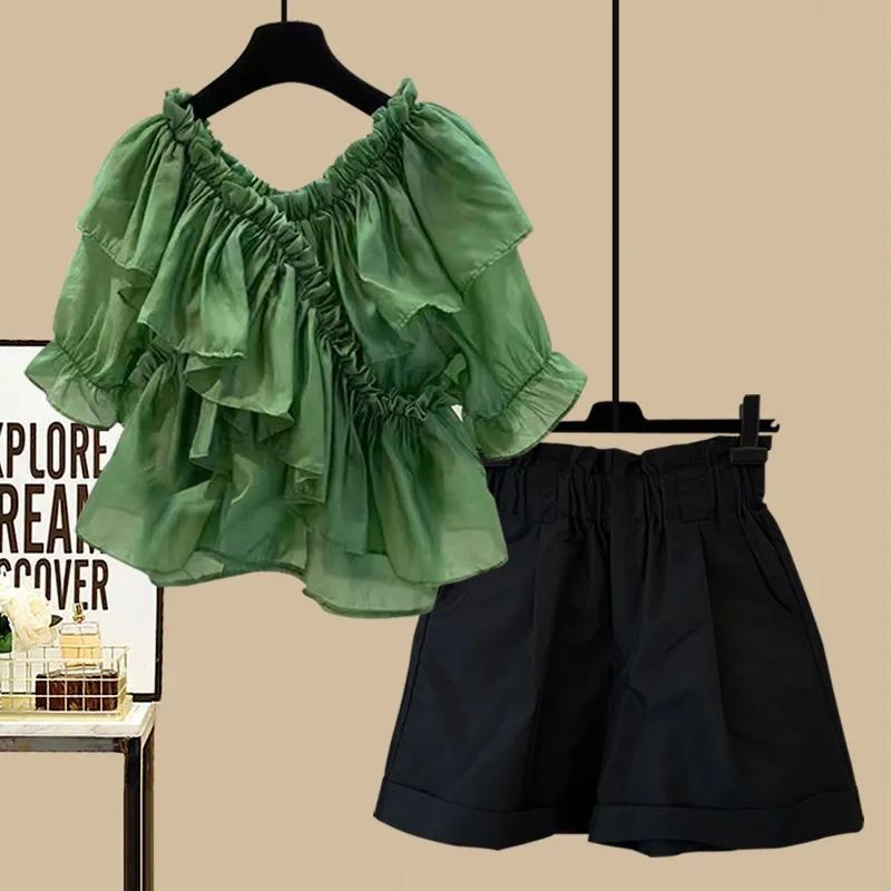 Áo Sơ Mi Chiffon Cổ Chữ V Phối Bèo + Quần Short Thời Trang Mùa Hè Phong Cách Pháp Cho Nữ