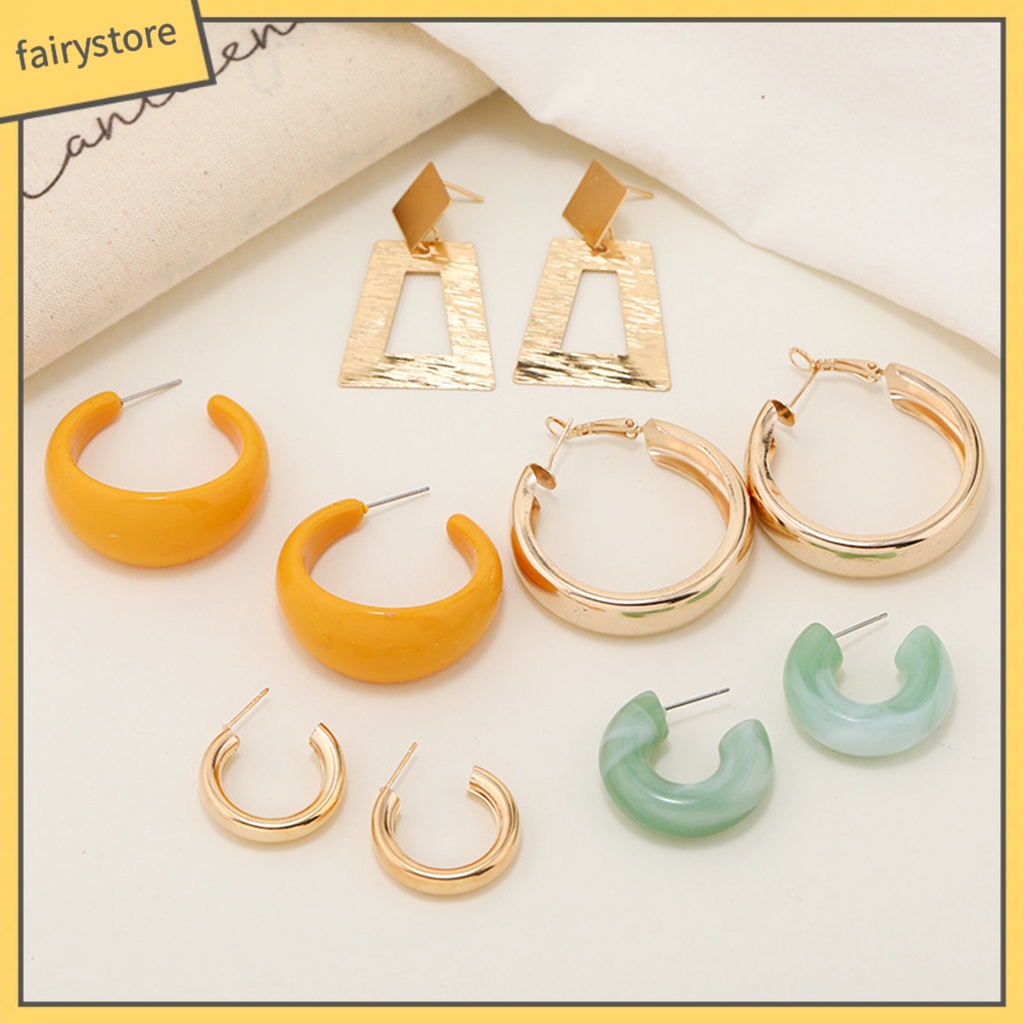 [Fairy1] 5 Đôi Bông Tai Nửa Hình Chữ C Bằng Acrylic Kim Loại Kiểu Dáng Hình Học Tối Giản Thanh Lịch Thời Trang Cho Nữ