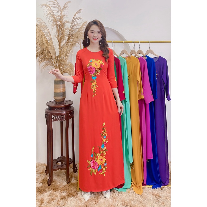 Áo Dài Cam tươi Sáng thêu hoa Duyên Dáng - Nét Áo Dài