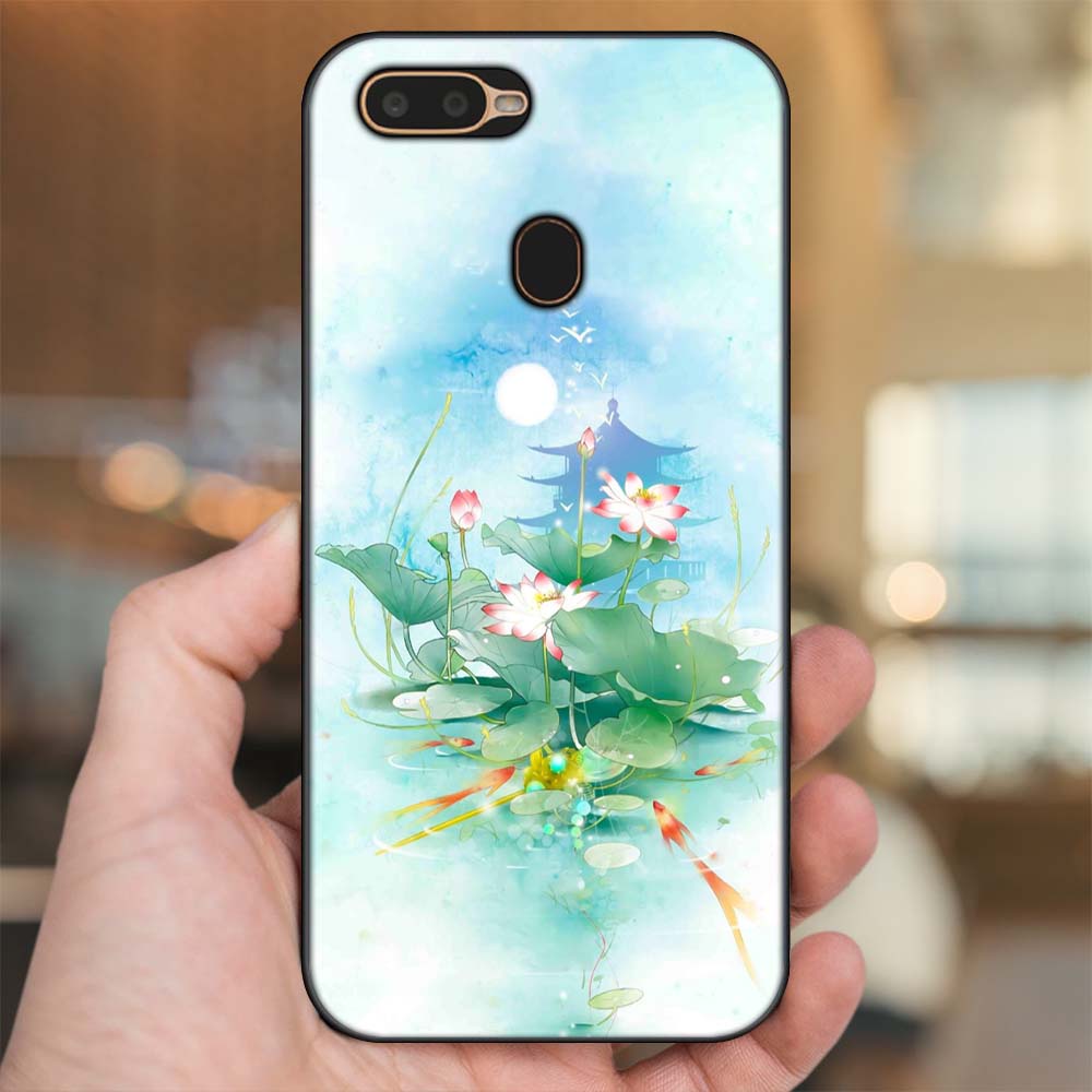 Ốp lưng Oppo A5S, A7, A12, F9 viền đen in hình Hoa Sen Hoa Đẹp