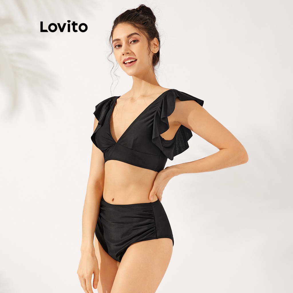 Set bikini Lovito cơ bản viền nhún bèo cổ chữ V với miếng đệm có thể tháo rời L23AD056 (màu đen)