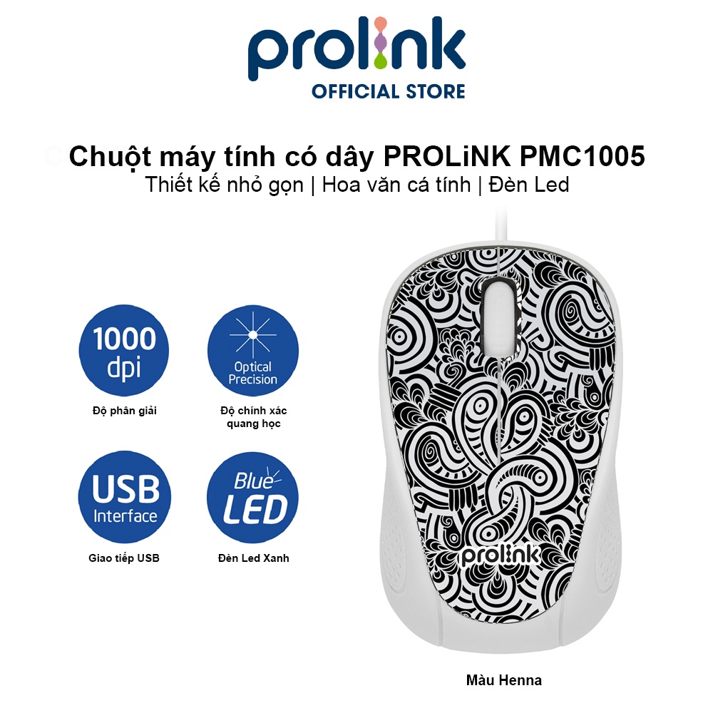 Chuột máy tính có dây PROLINK PMC1005 giá rẻ, đèn LED xanh, hoạ tiết bắt mắt