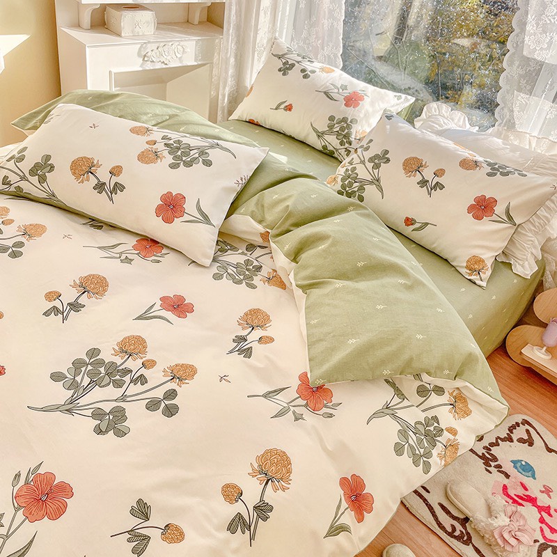 Bộ chăn ga gối cao cấp ETAMI cotton poly Hoa cúc vàng ga xanh cute miễn phí bo chun drap giường , ga trải giường P21