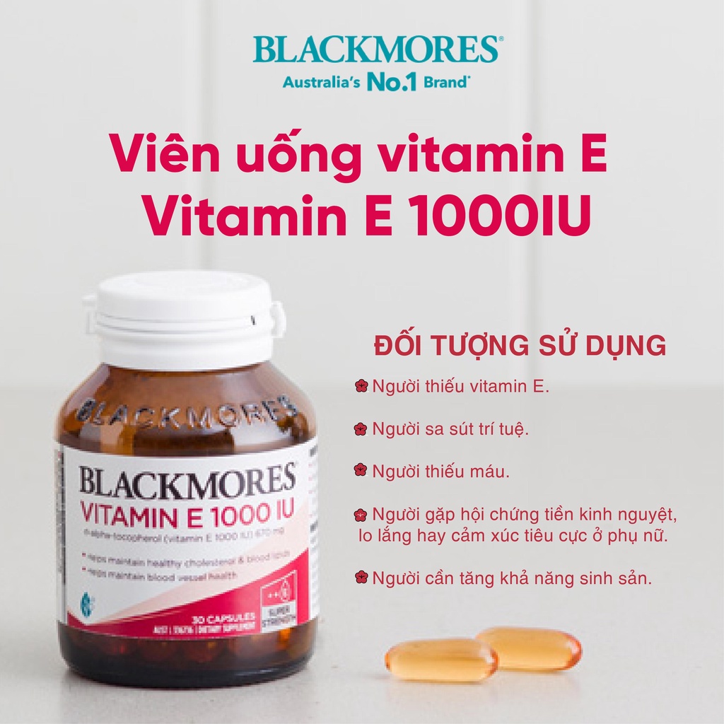 Vitamin E tự nhiên 1000IU Blackmores, viên uống bổ sung vitamin E giúp dẹp da, đẹp tóc 30 viên Úc