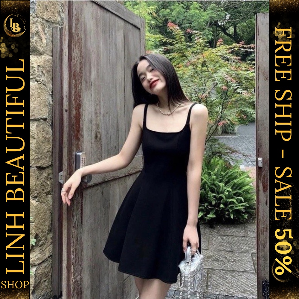 💕𝐅𝐄𝐑𝐑𝐒𝐇𝐈𝐏💕Váy Đầm 2 Dây Dáng Xoè Màu Đen Basic - Đầm 2 dây bản to thun tăm dáng xoè , Linh beautiful