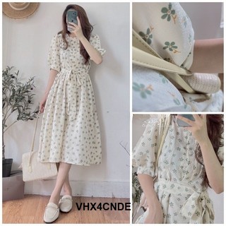 Váy hoa nhí vintage dáng dài tay phồng có dây buộc eo