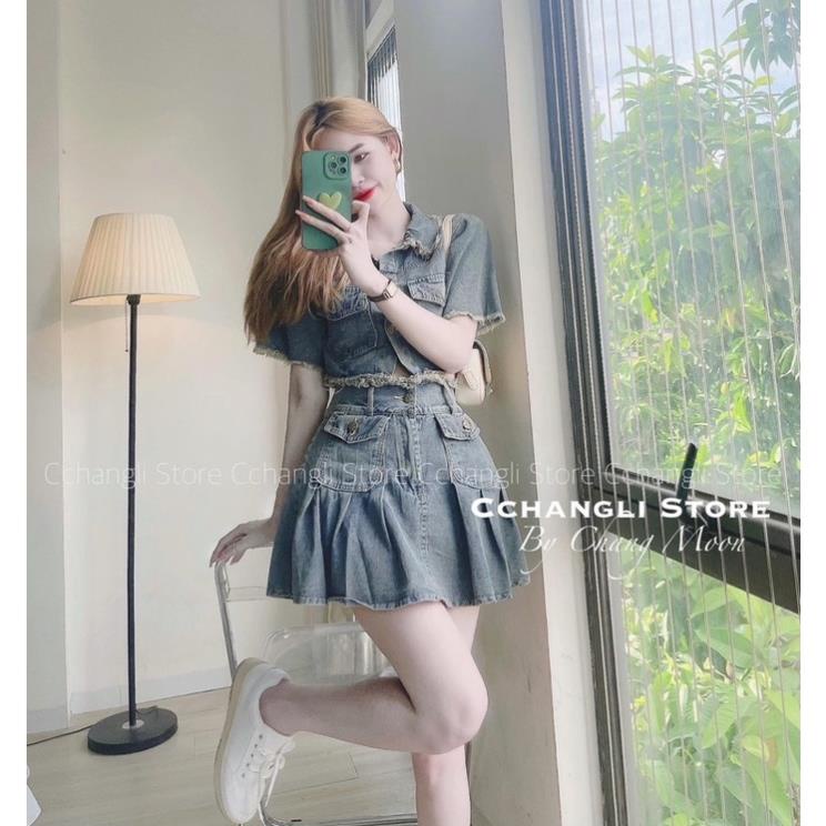 Set áo bò túi ngực kèm chân váy tua xoè cho nữ