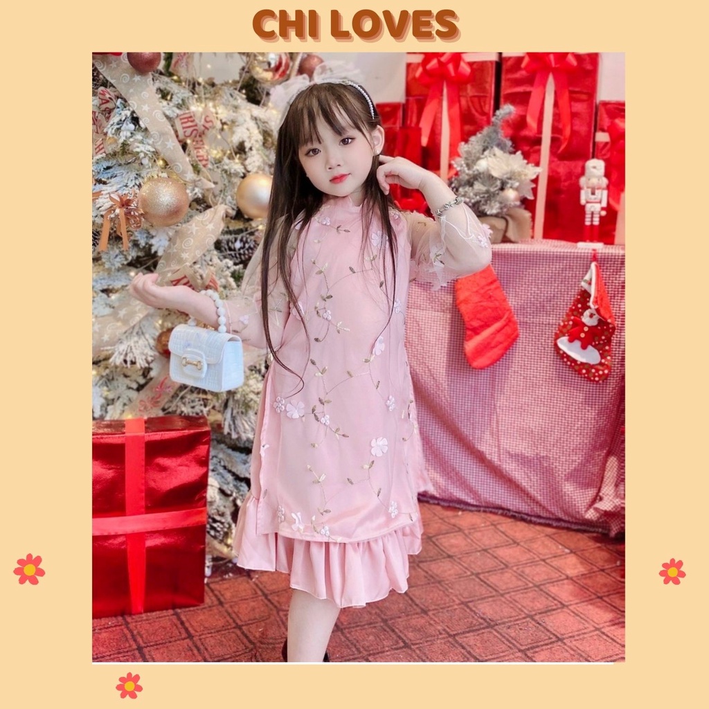 Áo dài cho bé gái thiết kế ren 3D CHI LOVES Áo dài cách tân cho bé gái chất lụa ngọc CT2