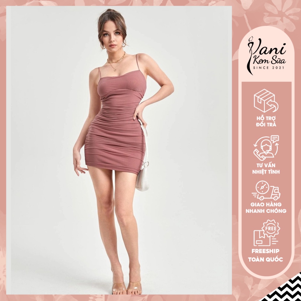 Đầm Body Hai Dây Pastel Hồng Basic Sang Chảnh, Sexy - Freesize dưới 55kg - Vani House
