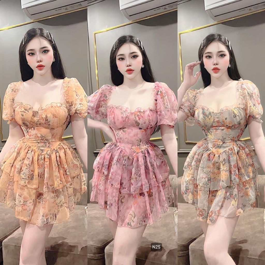 M252 - Váy voan hoa cổ vuông cúp ngực tay phồng 2 tầng có mút lót quần (22 màu, ảnh thật)