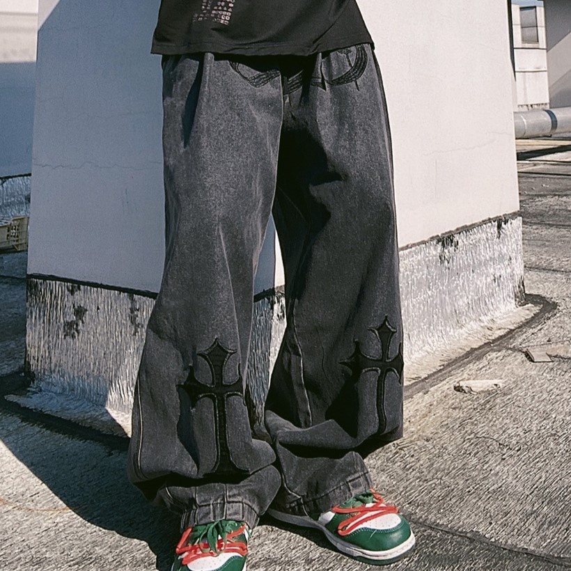 Quần Dài Ống Rộng Họa Tiết Thêu Chữ Thập Phong Cách Hiphop Đường Phố