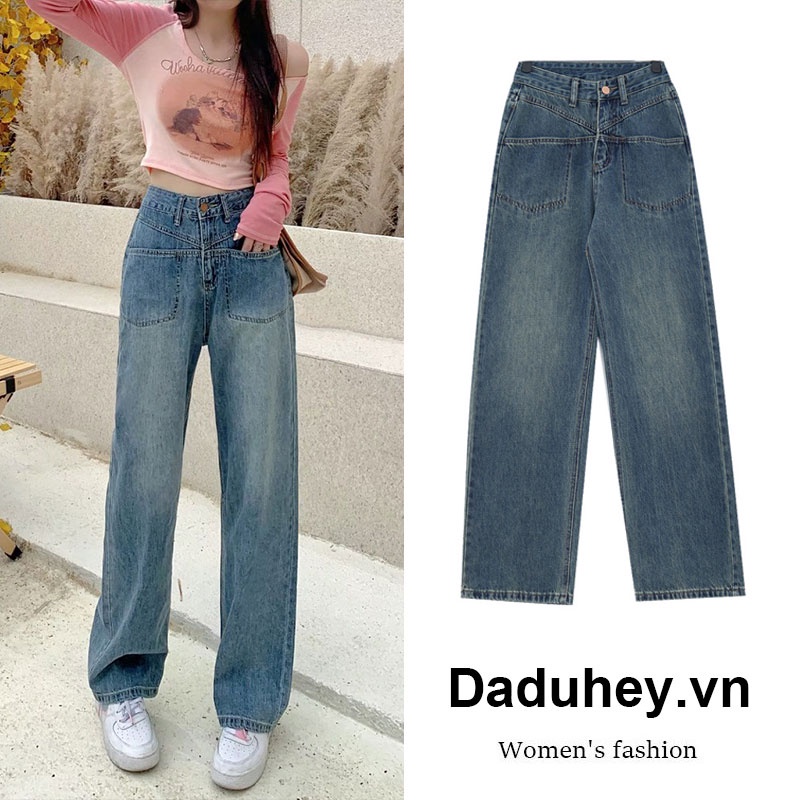 Daduhey Quần jean lưng cao dáng rộng phối túi thời trang phong cách Hàn Quốc cao cấp cho nữ