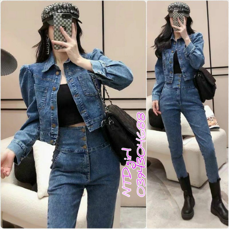 Hàng nhập - Set bộ nữ jean mềm mịn cạp cao, sét đồ thời trang vải bò gồm quần dài và áo croptop