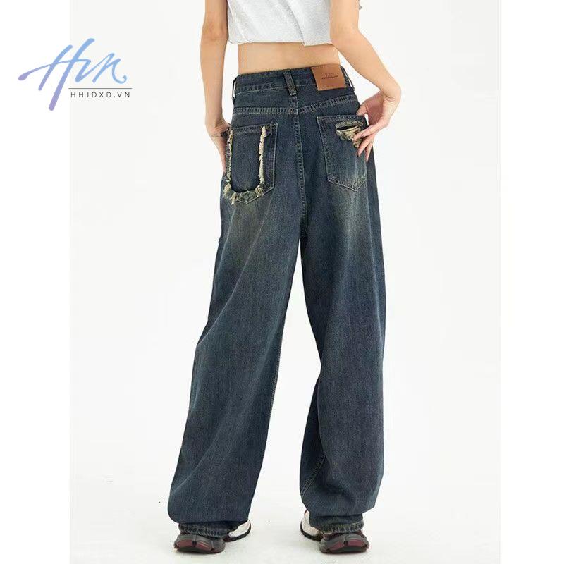 Quần Jean Lưng Cao Ống Rộng Màu Xanh Dương Phong Cách Retro Thời Trang Thu Đông Mới Cho Nữ