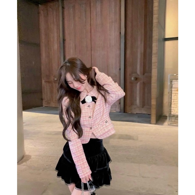 SET ÁO DẠ CARO TAY DÀI + CHÂN VÁY NHUNG VIỀN REN