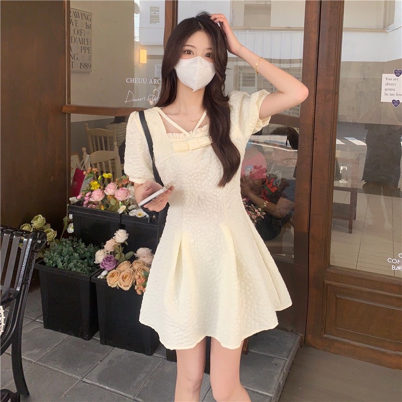 Đầm Xốp Gấm Nổi Nơ Ngực Dáng Chữ A 2 Màu Siêu Xinh Có Ảnh Thật