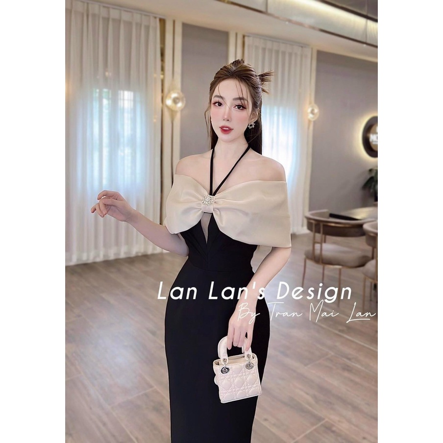 [3.3 Sales Freeship] Đầm nữ đi tiệc dáng dài, đầm thiết kế trễ vai nơ phối dây cổ khoét ngực chất tapda quyến rũ dx