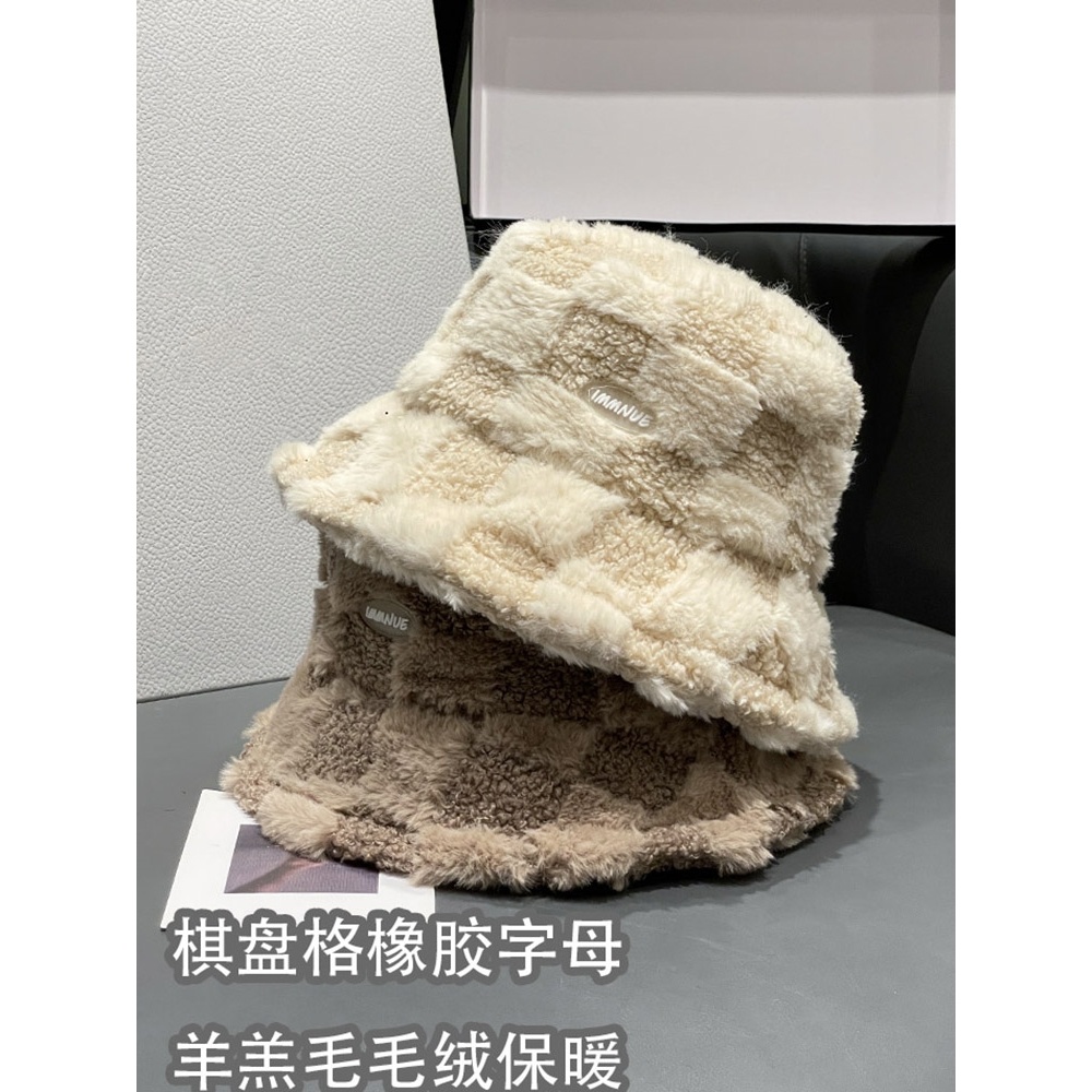 Mũ Bucket Lông Cừu Kẻ Caro Phong Cách Nhật Bản Hợp Mùa Thu Đông Dễ Phối Đồ Che Mặt Trơn Cho Nữ