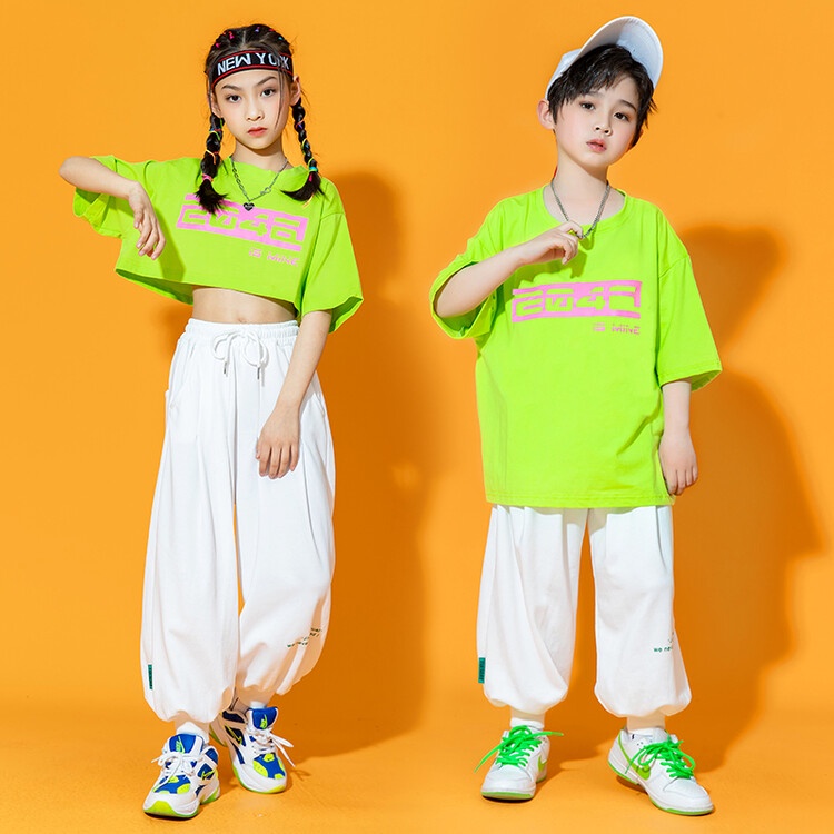 Bộ Đồ Nhảy Hip-Hop Đường Phố Mùa Hè 2023 Màu Xanh Lá Dạ Quang Phong Cách Mới Cho Bé Trai Bé Gái