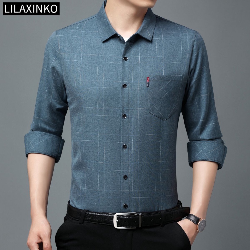 Áo Sơ Mi Cotton Tay Dài Kẻ Sọc 3 Màu Tùy Chọn Có Túi Thời Trang Công Sở Cho Nam