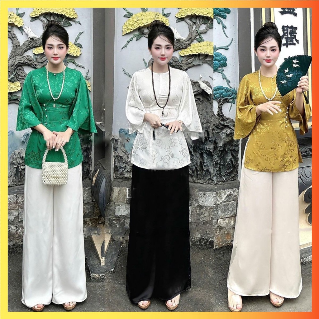 ÁO BÀ BA ĐI LỄ CHÙA NỮ THIẾT KẾ CÁCH TÂN BỘ ĐỒ LAM CỔ TRÒN TAY LOE ỐNG RỘNG KÈM QUẦN MAY SẴN MÀU XANH, TRẮNG, VÀNG
