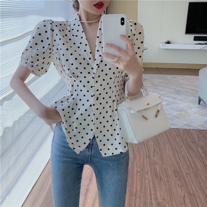 SUXI Áo Sơ Mi Tay Ngắn Họa Tiết Chấm Bi Phong Cách Vintage Hàn Quốc