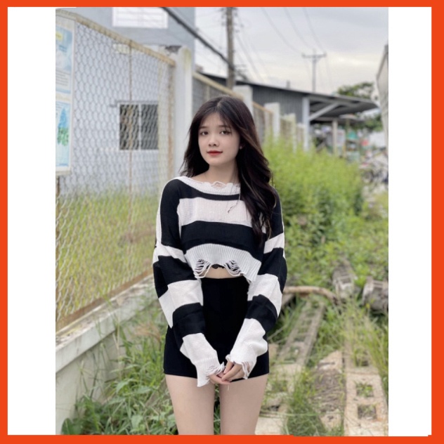 Áo len mỏng croptop tay dài , áo len dệt kim kẽ sọc ,áo croptop tay dài trắng đen PLA11799