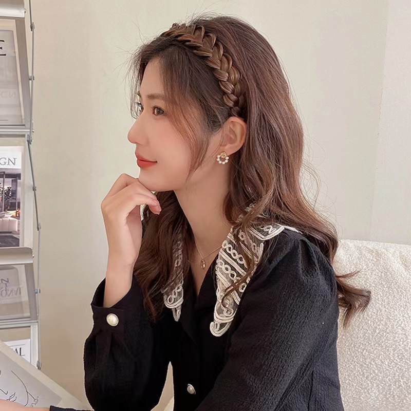 Băng Đô Dạng Tóc Giả Thắt Bím Đính Hoa Và Ngọc Trai Chống Trượt Thời Trang Cho Nữ