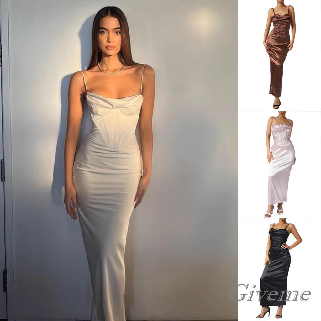 Đầm Hai Dây Dáng Dài Ôm Sát Màu Sắc Đơn Giản Cho Nữ