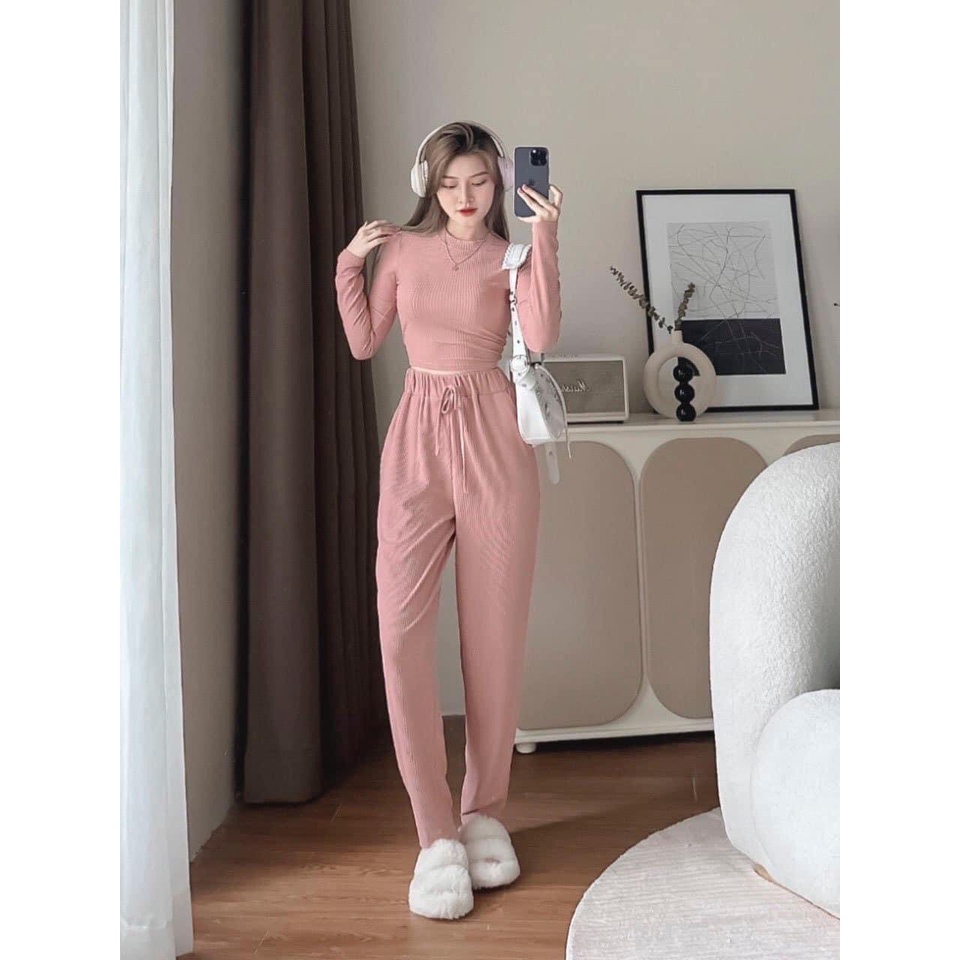 Sét bộ đồ thun gân dài tay thu đông,sét đồ nữ dài tay gồm áo croptop mix quần suông ống đứng năng động