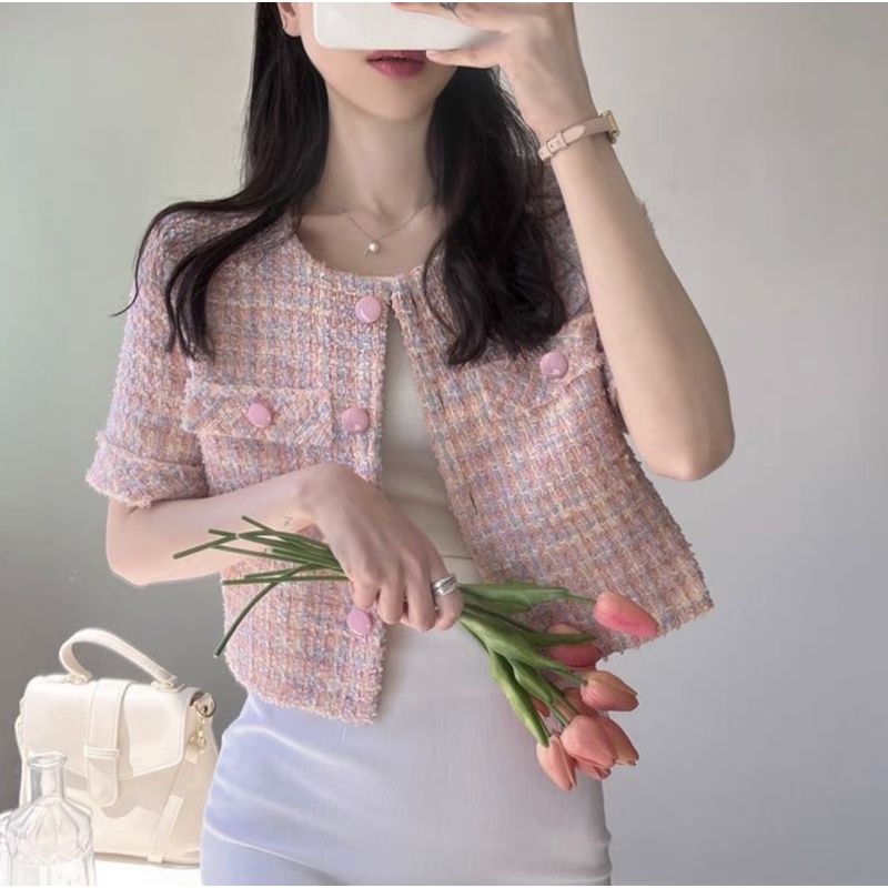 Áo Dạ Tweed Croptop Tay Ngắn Nữ Hai Màu Dày Dặn Cao Cấp - Order Quảng Châu Kèm Ảnh Thật