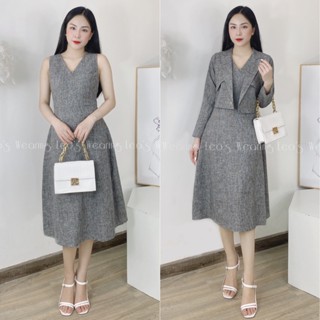 Set đầm sát nách cổ v mix áo vest croptop tay dài LEOSWEARING A119