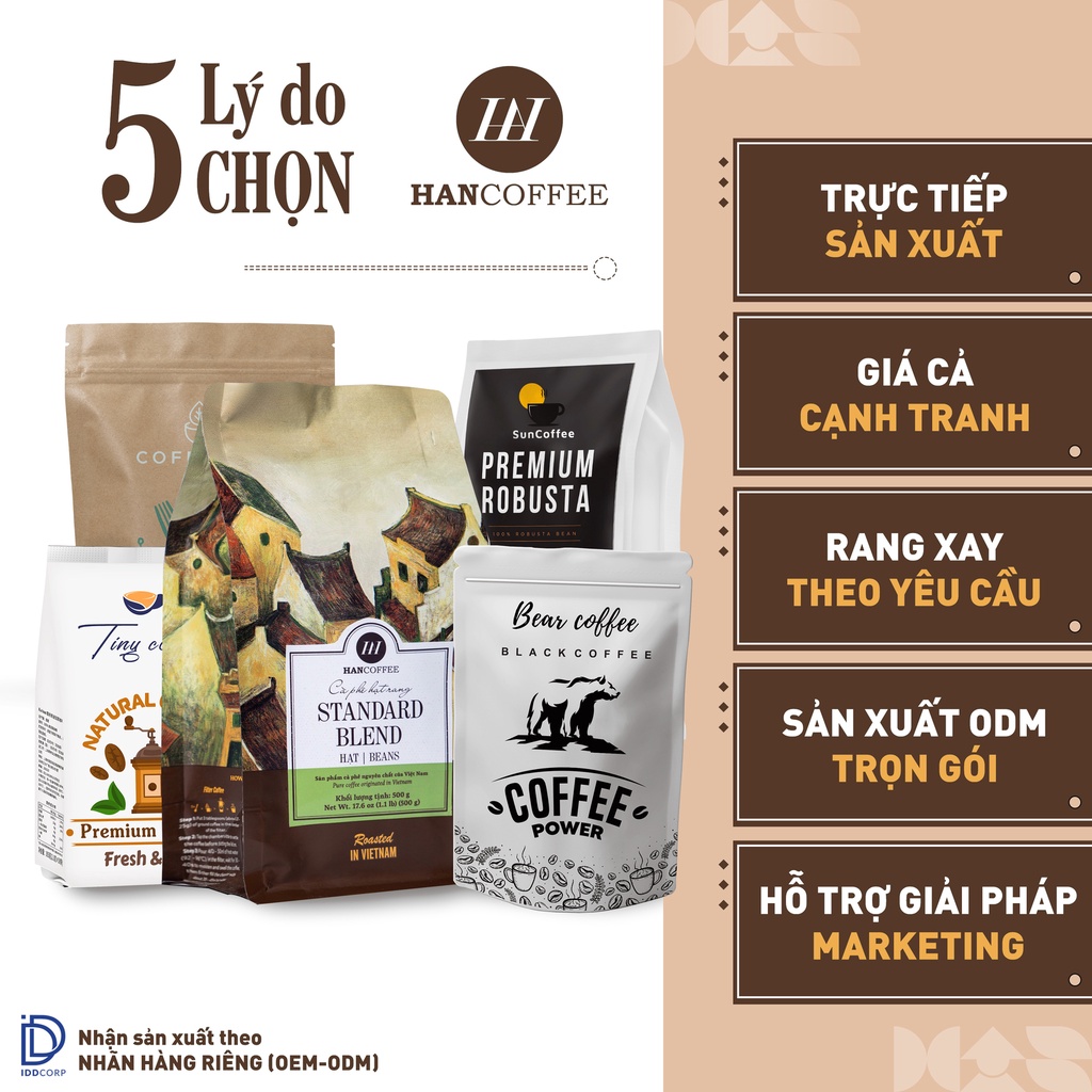 Cà phê nguyên chất HANCOFFEE Arabica dạng hạt rang mộc pha máy/pha phin, vị chua đắng dịu nhẹ 500gr - HN100AH