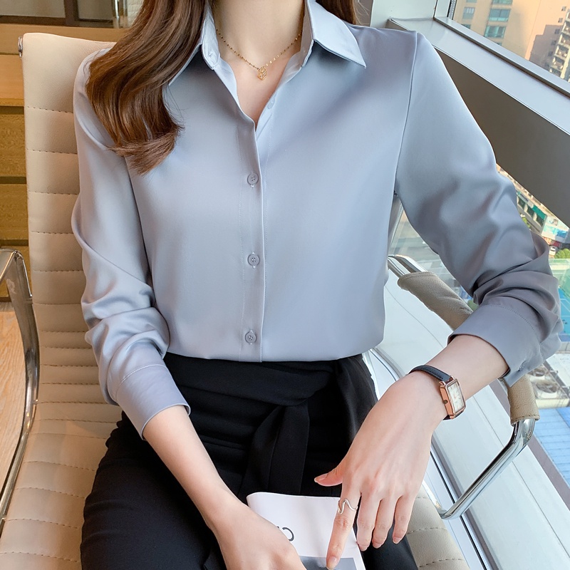 Áo Sơ Mi Vải Satin Tay Dài Màu Trơn Thời Trang Công Sở Dành Cho Nữ