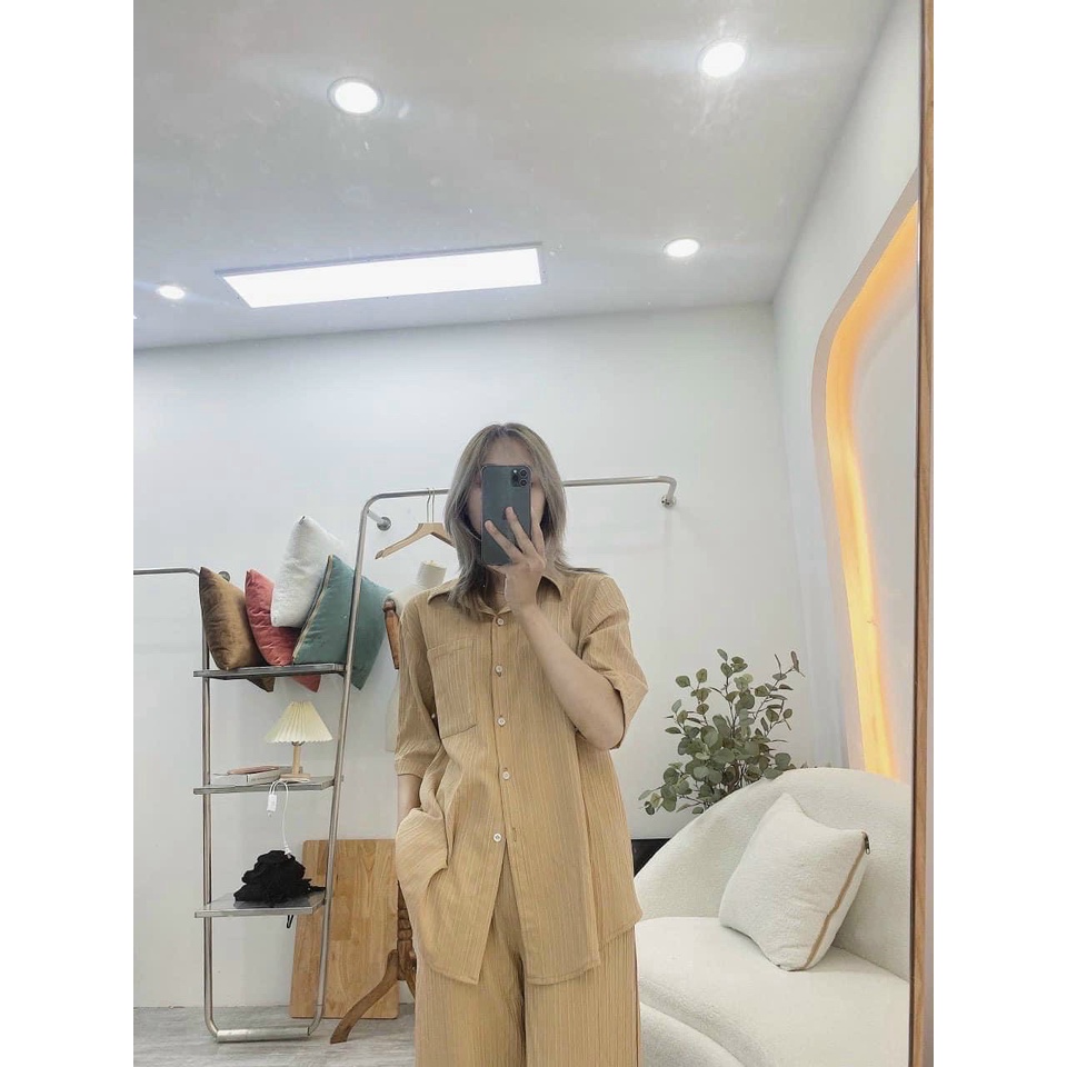 Set sơ mi xô gân hàng bán shop như hình - set quần ống rộng dài vải xô, áo sơ mi form rộng - đồ bộ dài quần ống suông đi
