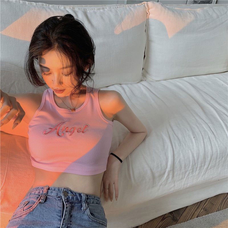 Neeeh Áo Hai Dây Ngắn Thêu Chữ Phong Cách hot girl Mặc Ngoài Trời Mùa Hè Cho Nữ