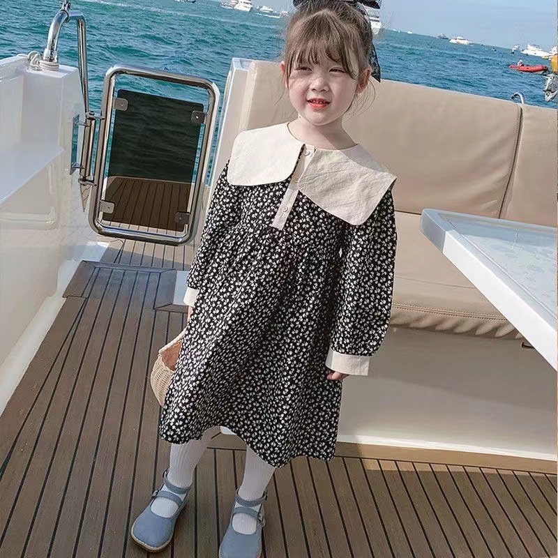 Đầm Công Chúa Tay Dài Cổ Bẻ In Họa Tiết Hoa Thời Trang Xuân Thu Phong Cách Hàn Quốc Cho Bé Gái 1-6 Tuổi