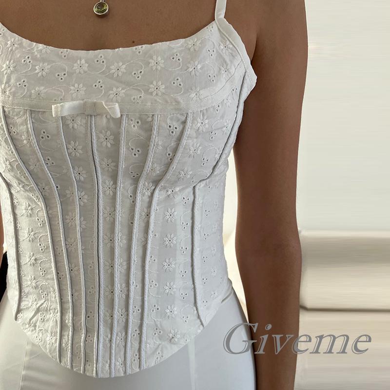 Áo Lửng Hai Dây Hở Lưng Họa Tiết Hoa Màu Trắng Y2K Thời Trang Cho Nữ