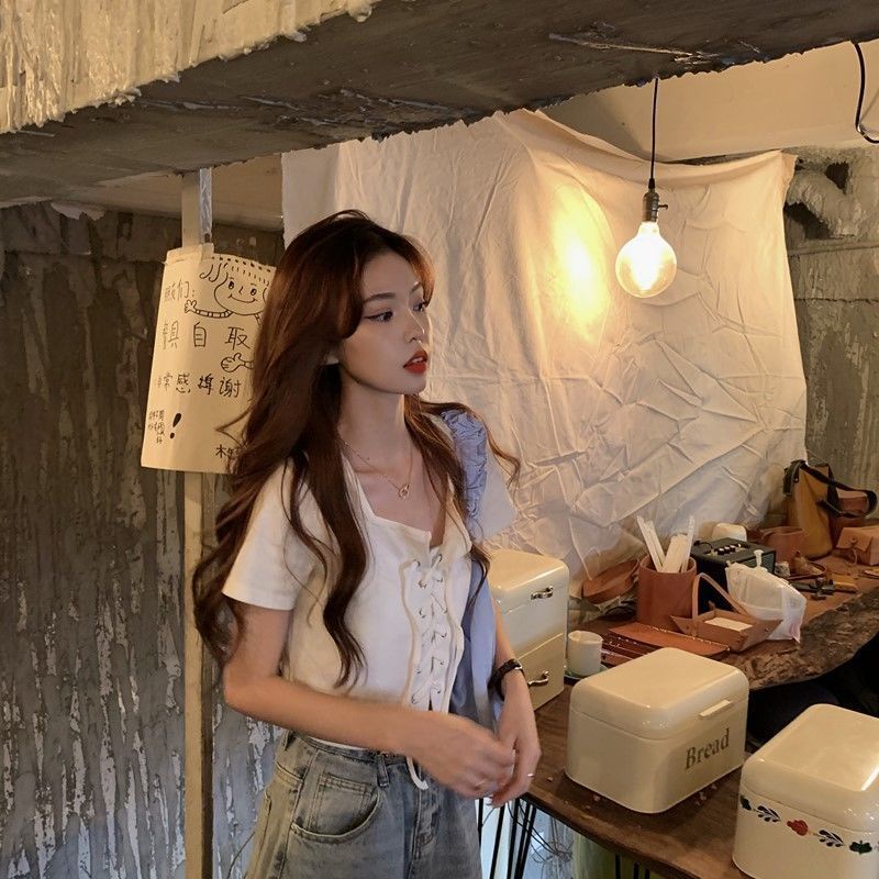 Áo thun COZOKC tay ngắn cổ vuông phối dây phong cách cho nữ