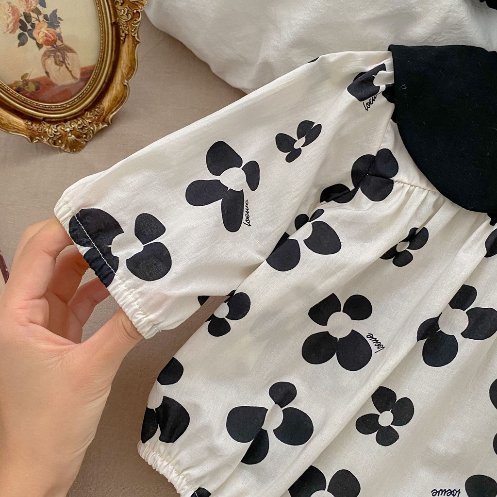 Áo Liền Quần Tay Dài Họa Tiết Hoa Kèm Băng Đô Xinh Xắn Cho Bé