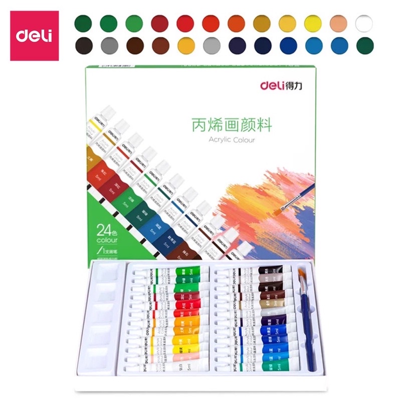 Màu nước Acrylic Deli tuýp 5ml 12/18/24 màu kèm cọ và khay