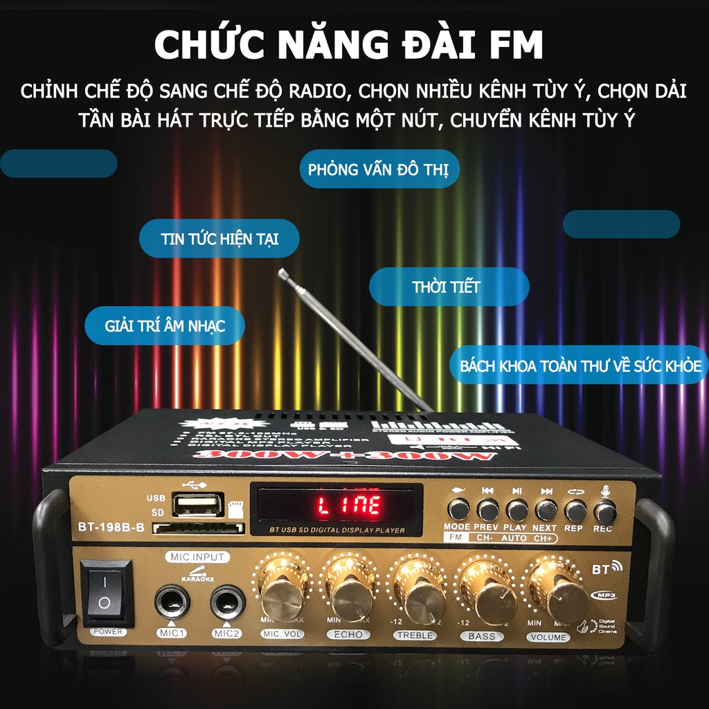 Amply karaoke-Âm ly mini bluetooth+Ghi Âm BT198B-B 600W，Amply mini xe hơi đa chức,Hát karaoke kết nối không dây bluetooh