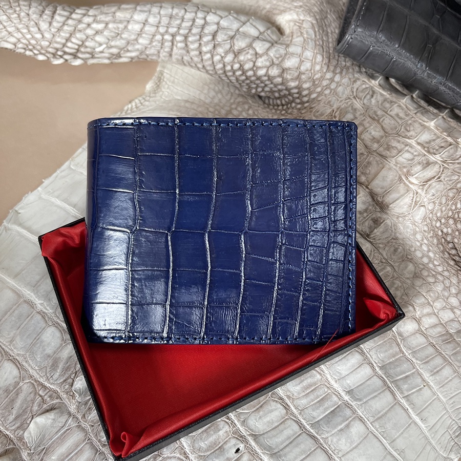Ví Cá Sấu Da Thật 2 Mặt Phần Da Bụng Trơn Màu Xanh Navy BH 24T TD16223