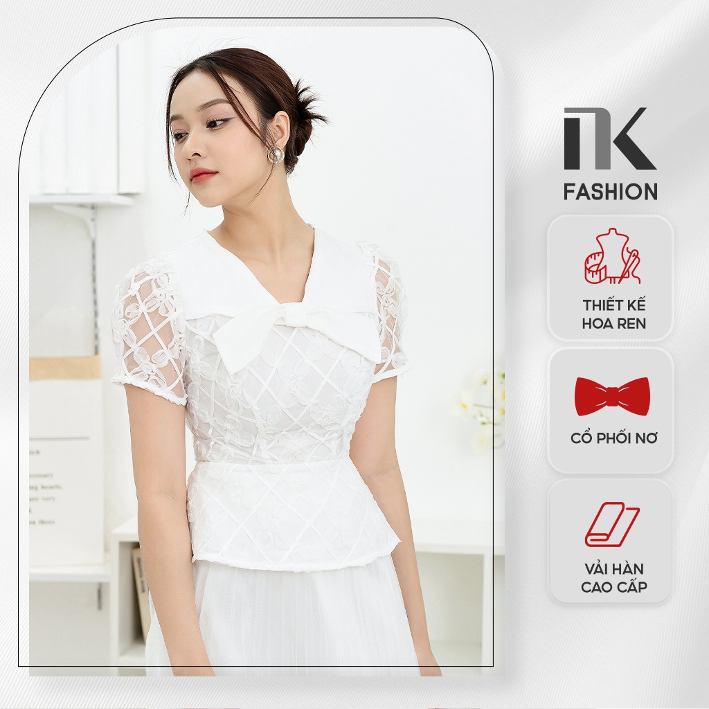 Áo Sơ Mi Ren Hoa NK FASHION Cổ Phối Nơ Ngắn Tay Thanh Lịch Chất Vải Nhập Hàn Cao Cấp NKSM2212006