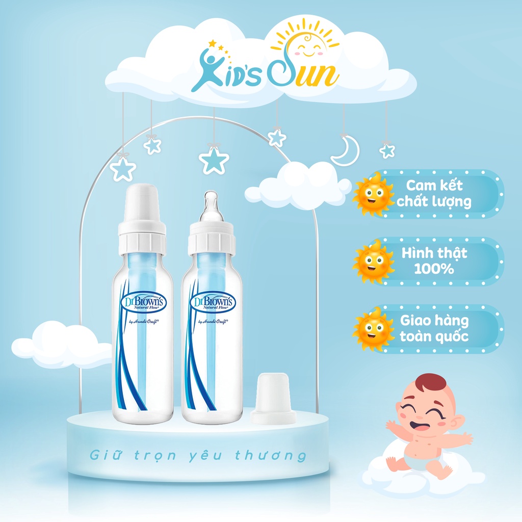 Bình Sữa Dr. Brown's Cổ Thường 250ml Thiết Kế Thông Minh Có Hệ Thống Van Chống Sặc An Toàn