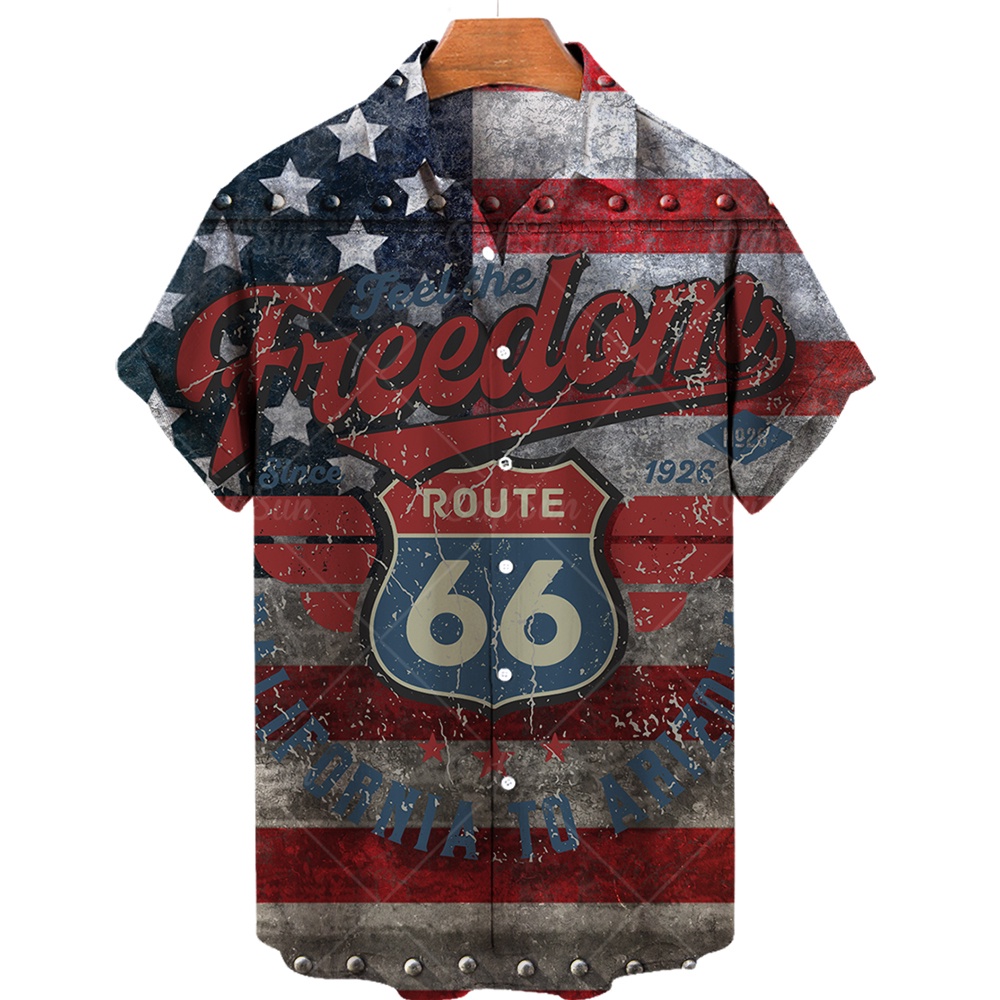 Áo Sơ Mi Nam Ngắn Tay Cổ Bẻ In Hình Lá Cờ Mỹ 3d Mẫu 2023 Route 66 Retro