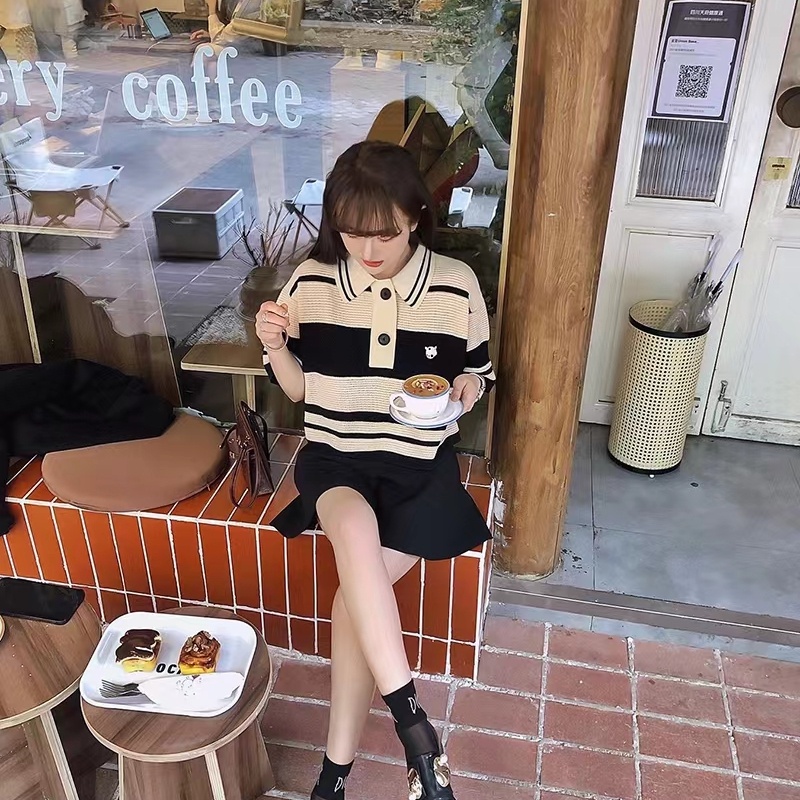 Áo polo SUXI dáng rộng kẻ sọc màu cổ điển dễ phối đồ thời trang cho nữ