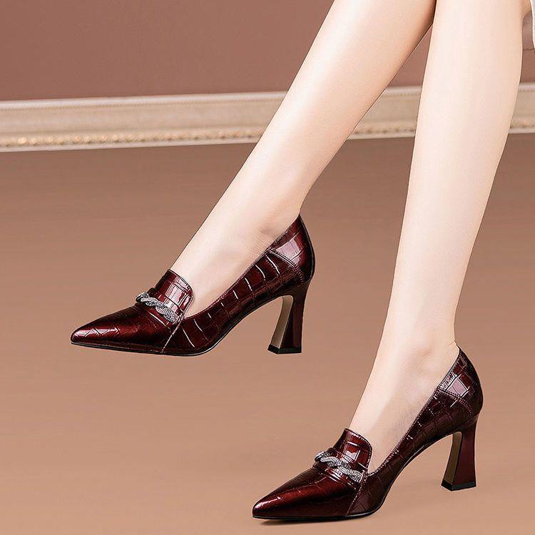 Giày Cao Gót Mũi Nhọn Bằng Da Màu Đỏ Rượu Thời Trang Dành Cho Nữ