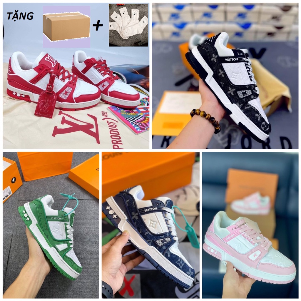 Giày thể thao nam cổ thấp logo LV cao cấp, giày LV trainer màu đen, xanh lá đủ màu trắng phối đồ thời trang full box